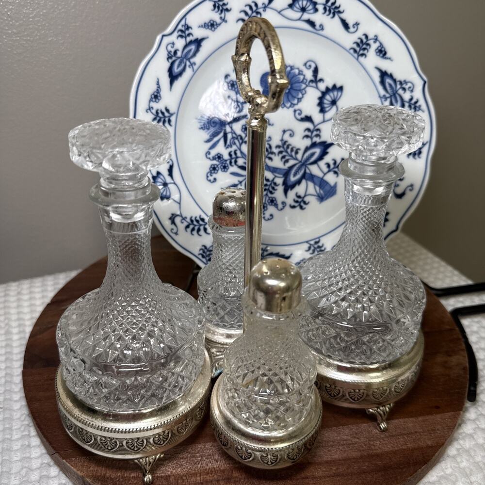 Silver Plate Cruet Set Oil Vinegar Salt Pepper Pressed Glass Footed Stand Vtg